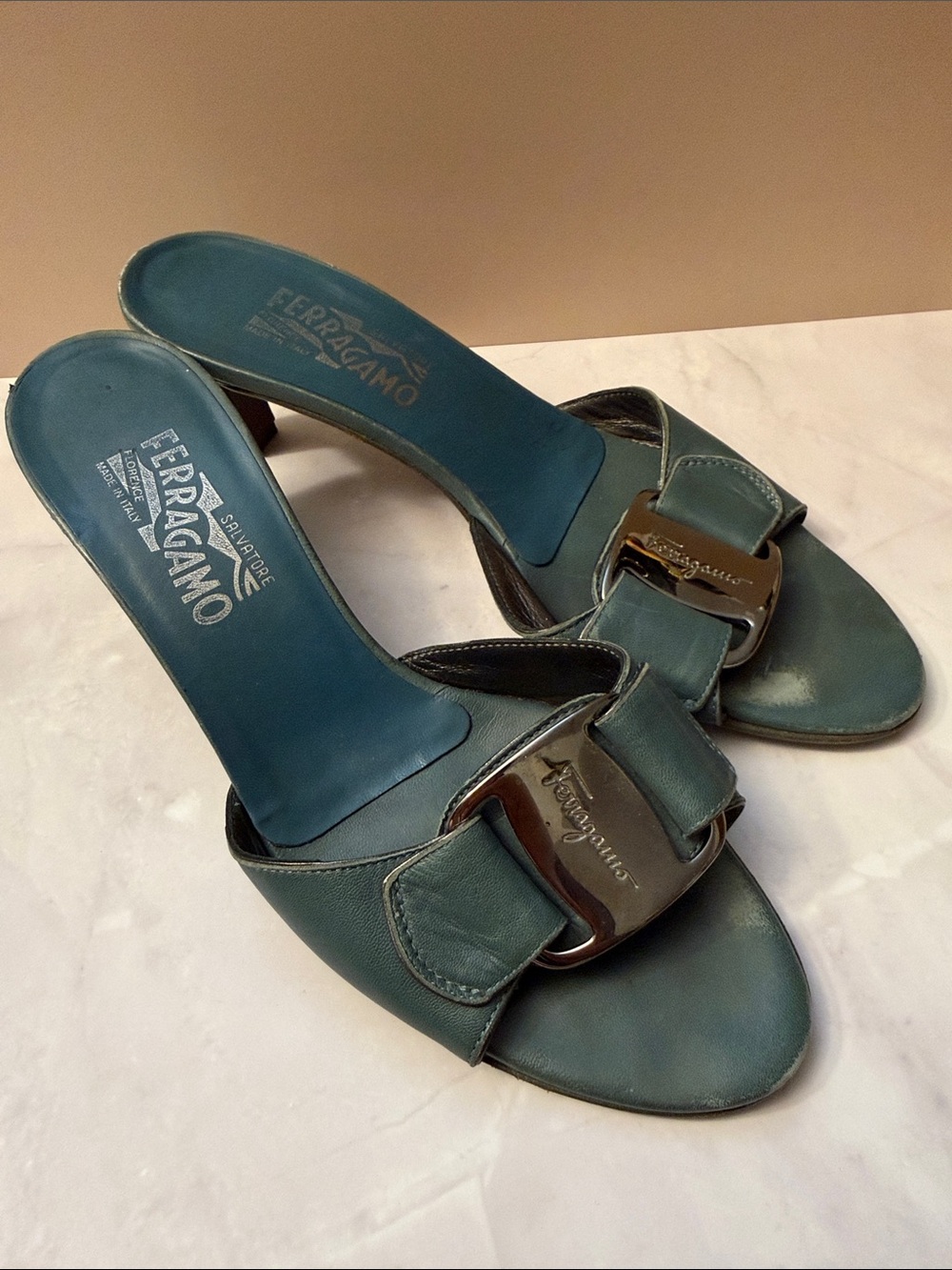 Salvatore Ferragamo Teal Leather Buckle Slide Mules - Picture 2 of 12